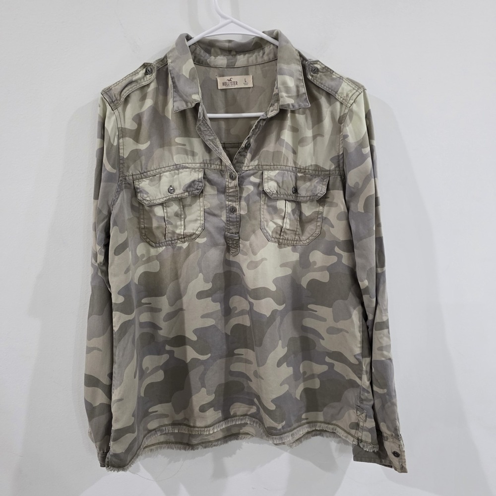 Hollister Womens Camo Popover Top Size Large Military Utility Grunge